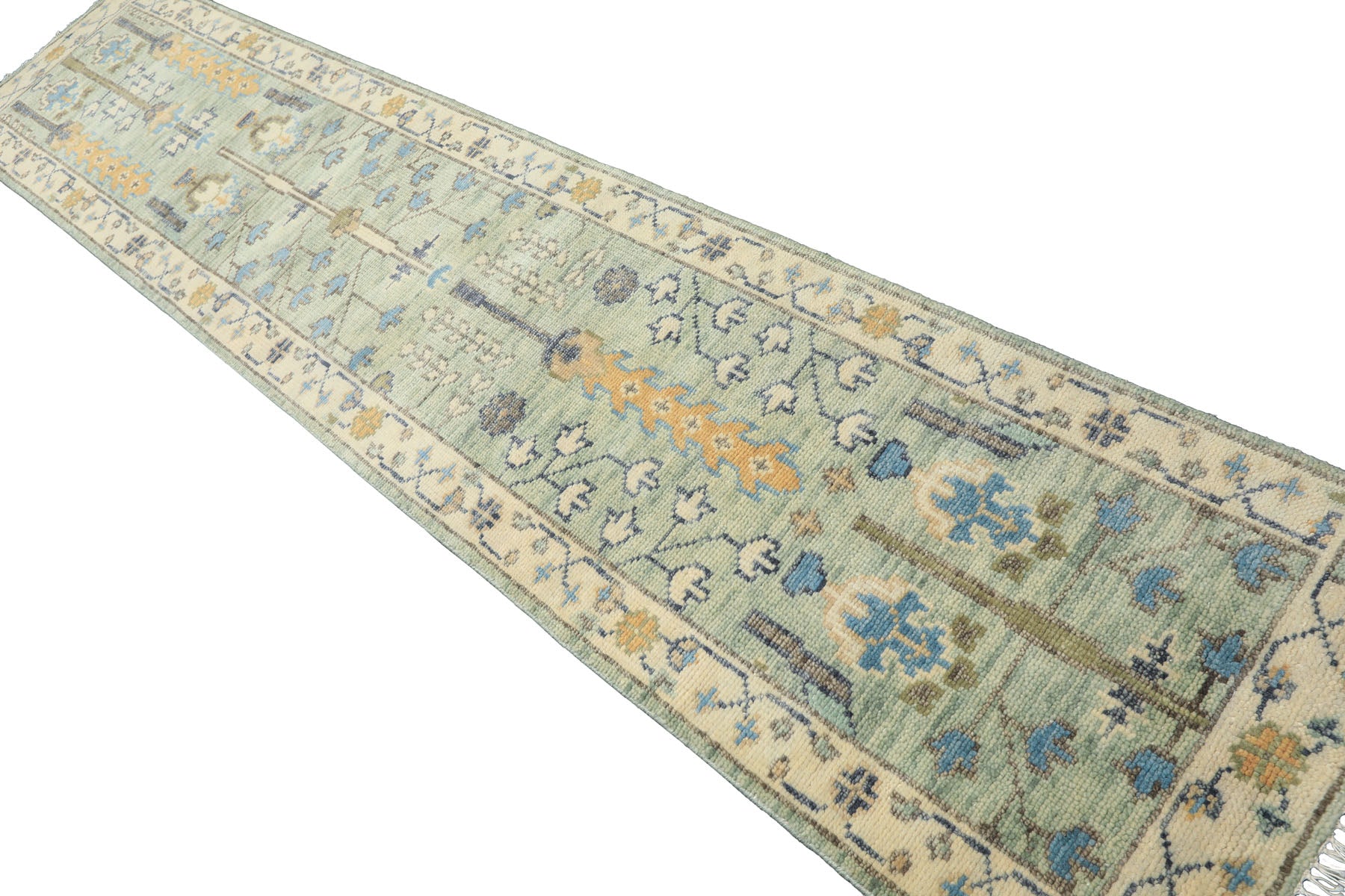 Mint, Ivory 2'5" x 12' Runner Traditional Hand Knotted Wool Oushak Oriental Area Rug