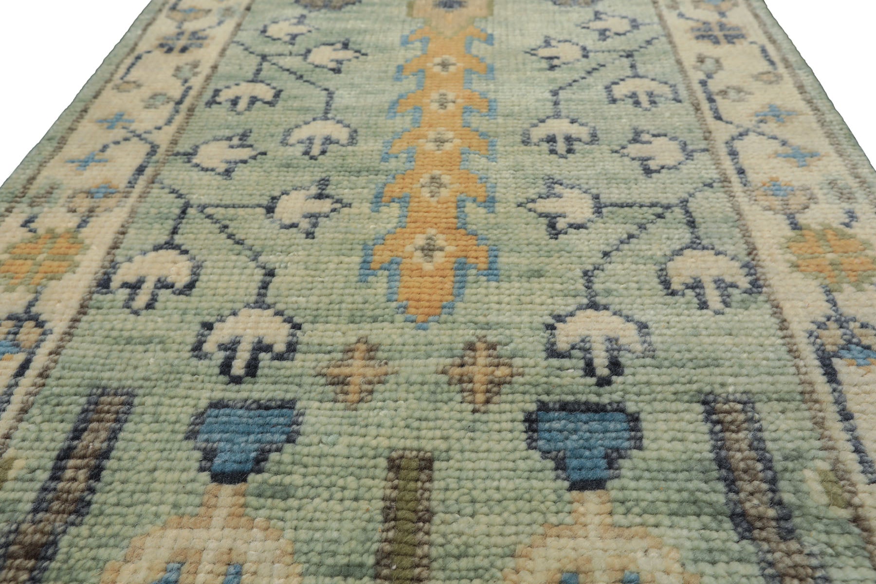 Mint, Ivory 2'5" x 12' Runner Traditional Hand Knotted Wool Oushak Oriental Area Rug