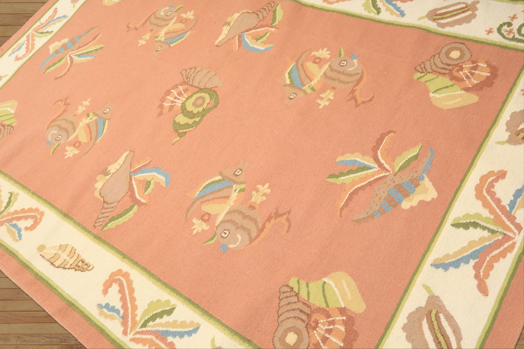 6x9 Blush, Ivory, Lime Color Hand Woven Dhurry Kilim Wool Transitional Oriental Rug