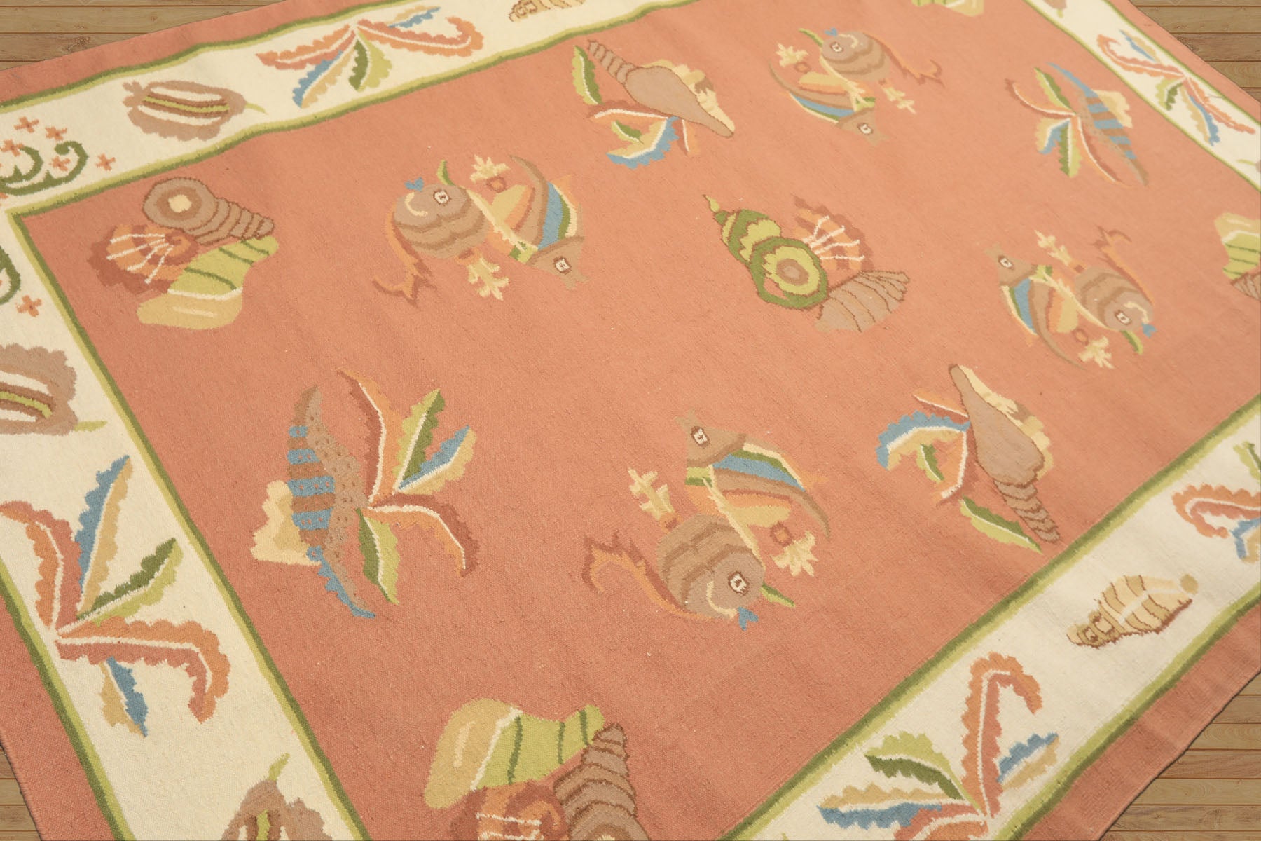 6x9 Blush, Ivory, Lime Color Hand Woven Dhurry Kilim Wool Transitional Oriental Rug