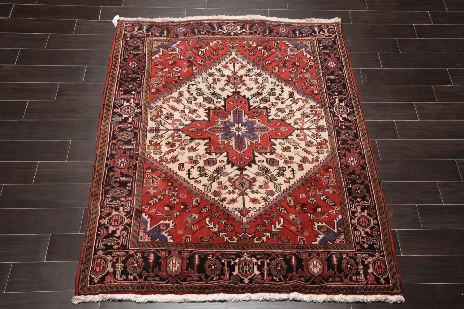 5x7 Ivory, Red, Charcoal Color Hand Knotted All-Over 100% Wool Traditional Oriental Rug