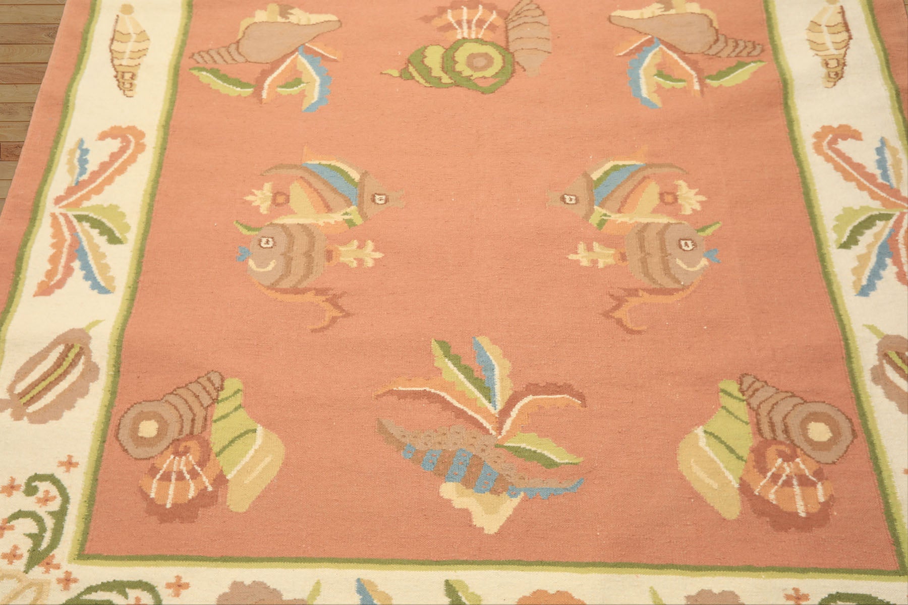 6x9 Blush, Ivory, Lime Color Hand Woven Dhurry Kilim Wool Transitional Oriental Rug