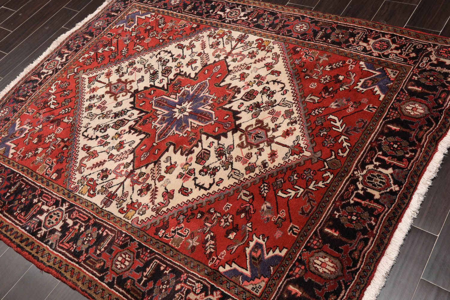 5x7 Ivory, Red, Charcoal Color Hand Knotted All-Over 100% Wool Traditional Oriental Rug
