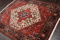 5x7 Ivory, Red, Charcoal Color Hand Knotted All-Over 100% Wool Traditional Oriental Rug