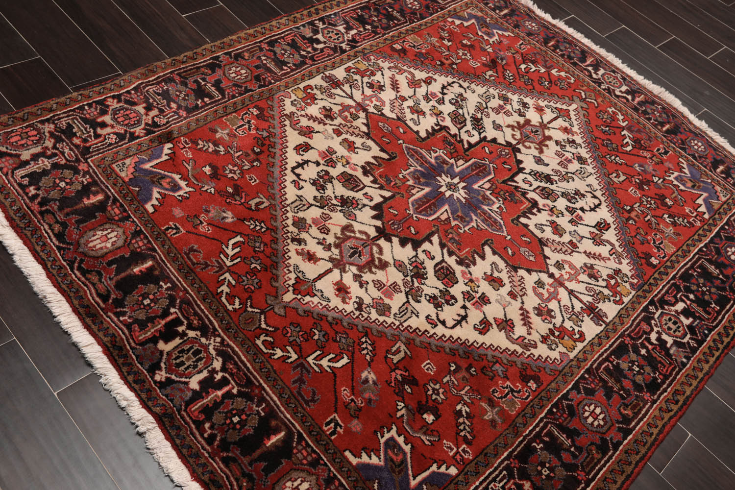 5x7 Ivory, Red, Charcoal Color Hand Knotted All-Over 100% Wool Traditional Oriental Rug