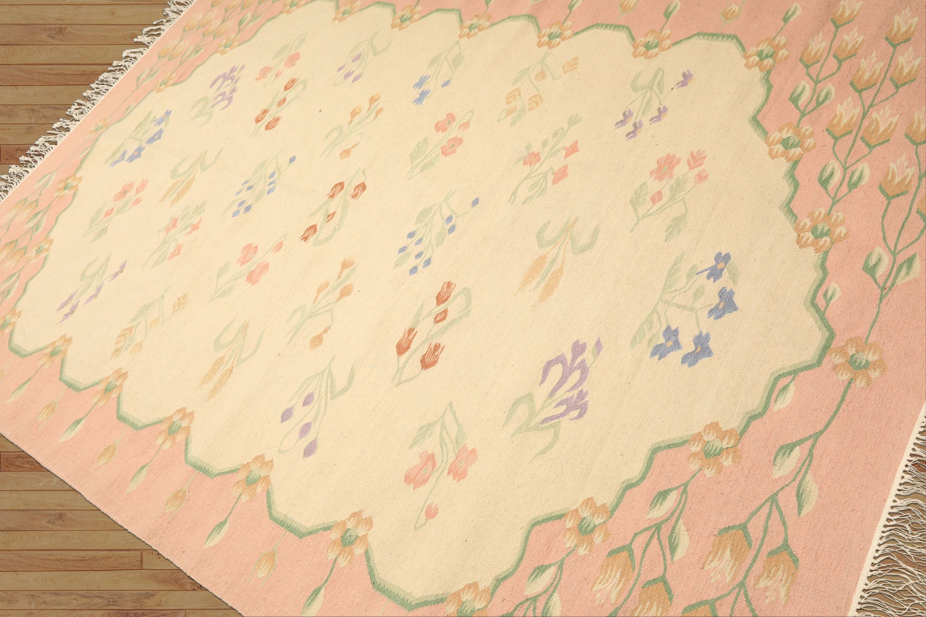 6x9 Ivory, Blush, Green Color Hand Woven Dhurry Kilim Wool Transitional Oriental Rug