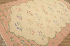6x9 Ivory, Blush, Green Color Hand Woven Dhurry Kilim Wool Transitional Oriental Rug