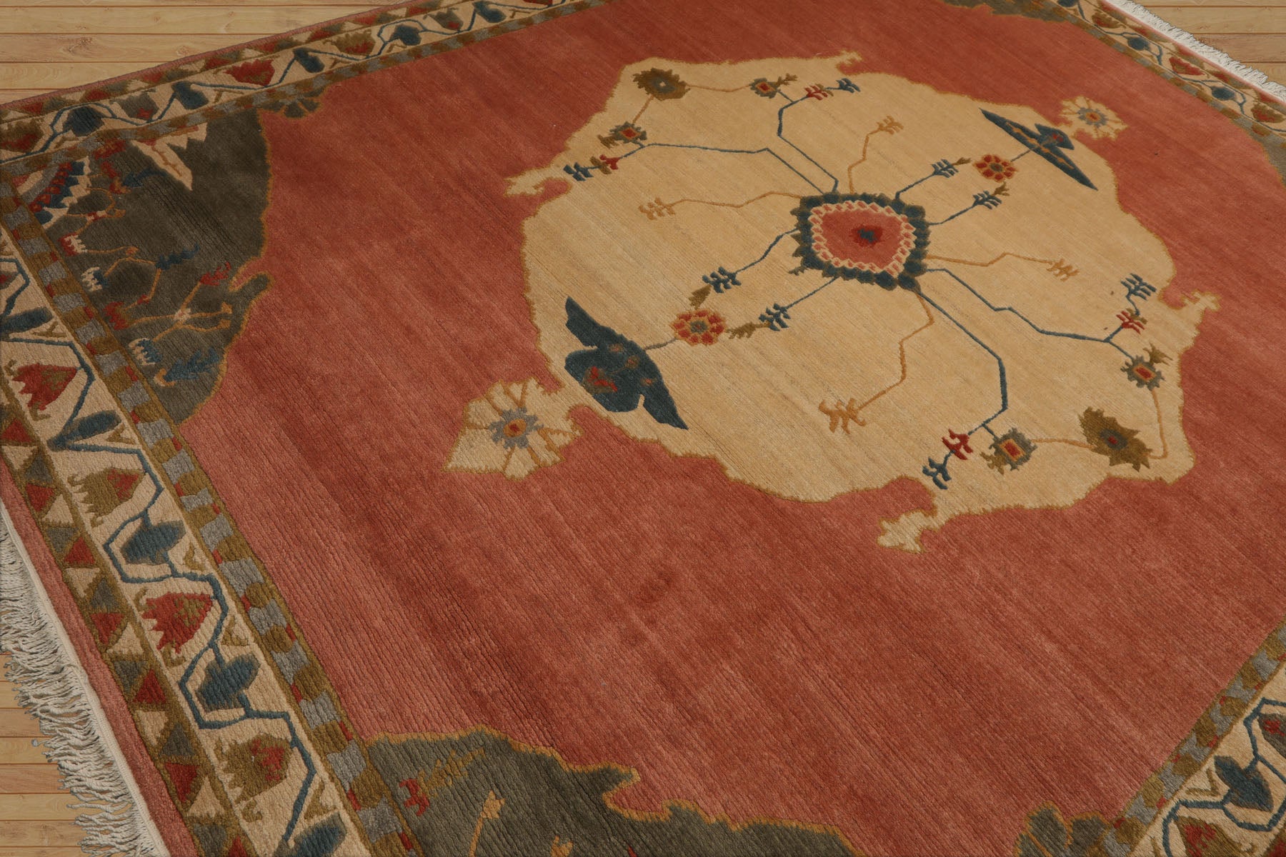 8x10 Rose, Ivory, Gray Color Hand Knotted Tibetan  Wool Traditional Oriental Rug