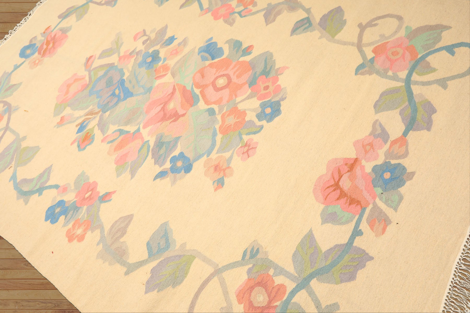 6x9 Ivory, Aqua, Rose Color Hand Woven Dhurry Kilim Wool Transitional Oriental Rug