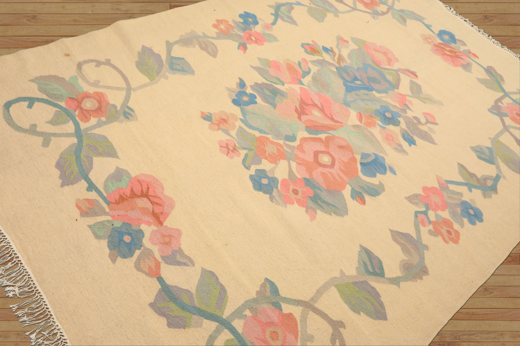 6x9 Ivory, Aqua, Rose Color Hand Woven Dhurry Kilim Wool Transitional Oriental Rug