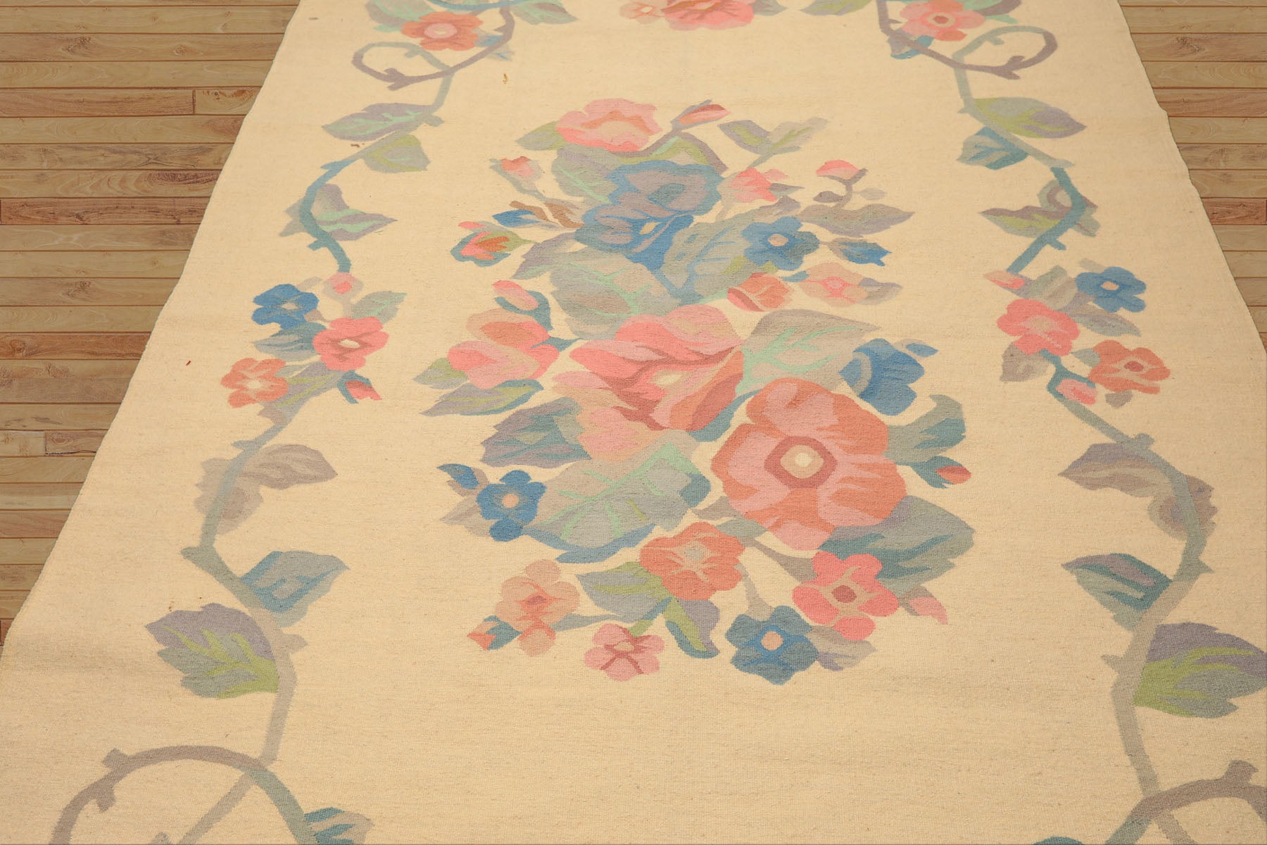 6x9 Ivory, Aqua, Rose Color Hand Woven Dhurry Kilim Wool Transitional Oriental Rug