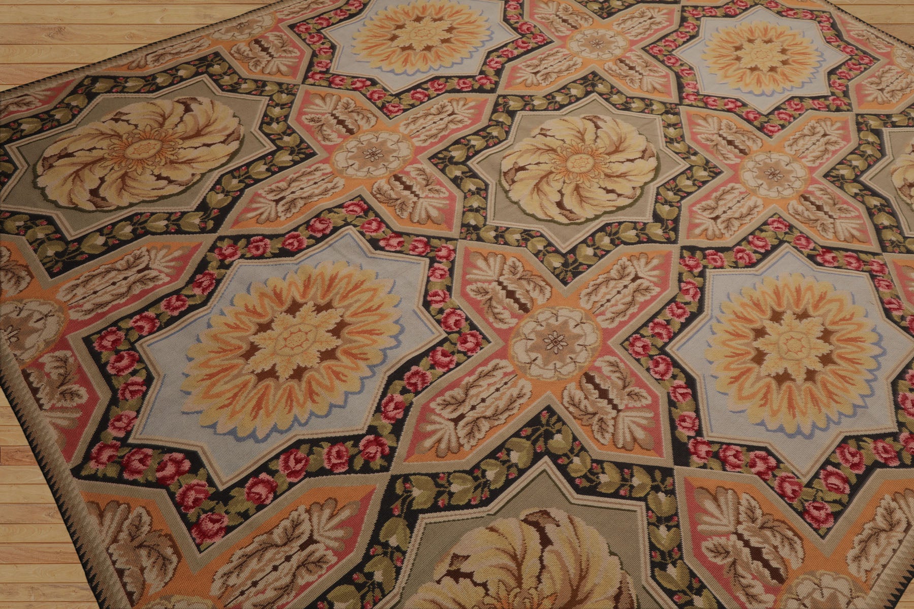 8x10 Sage, Gold, Pink Color Hand Woven Aubusson Needlepoint  Wool Traditional Oriental Rug
