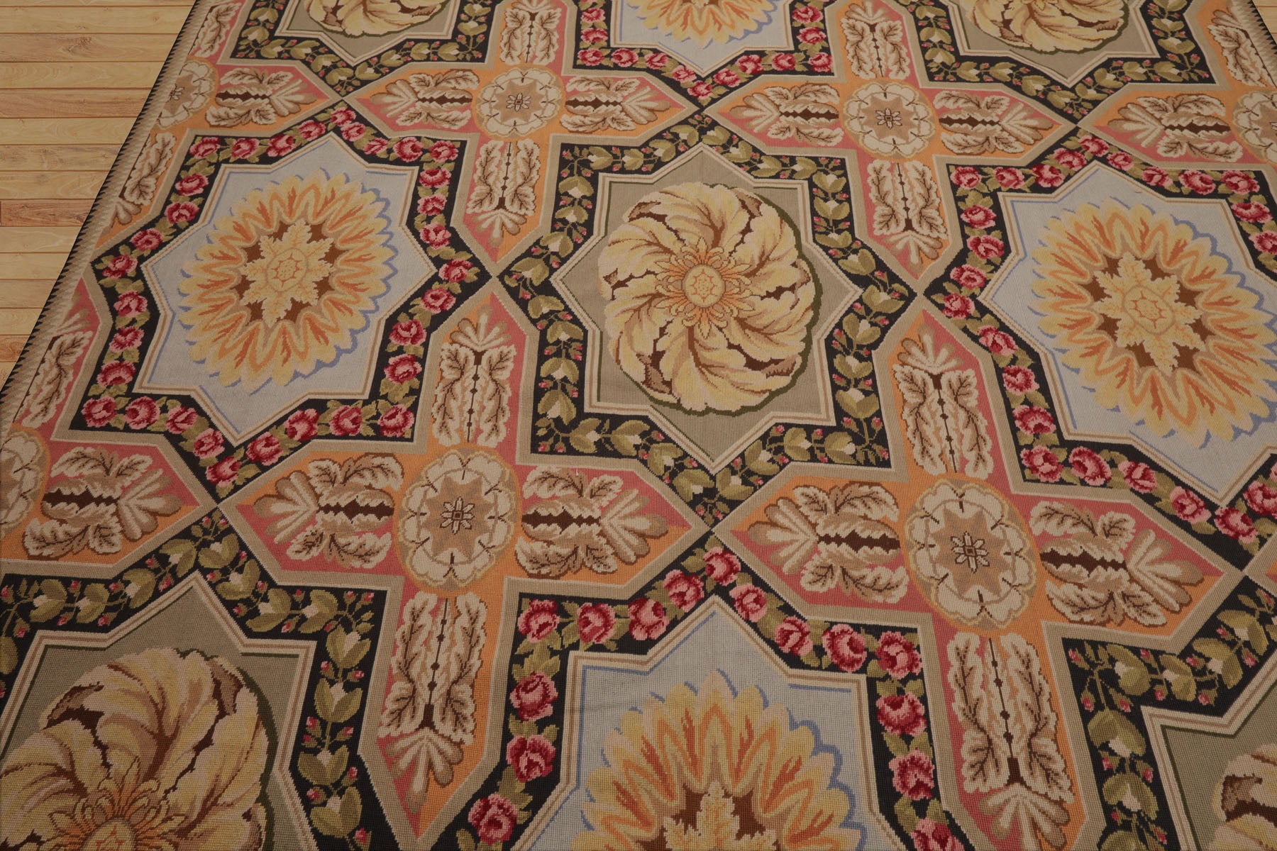 8x10 Sage, Gold, Pink Color Hand Woven Aubusson Needlepoint  Wool Traditional Oriental Rug