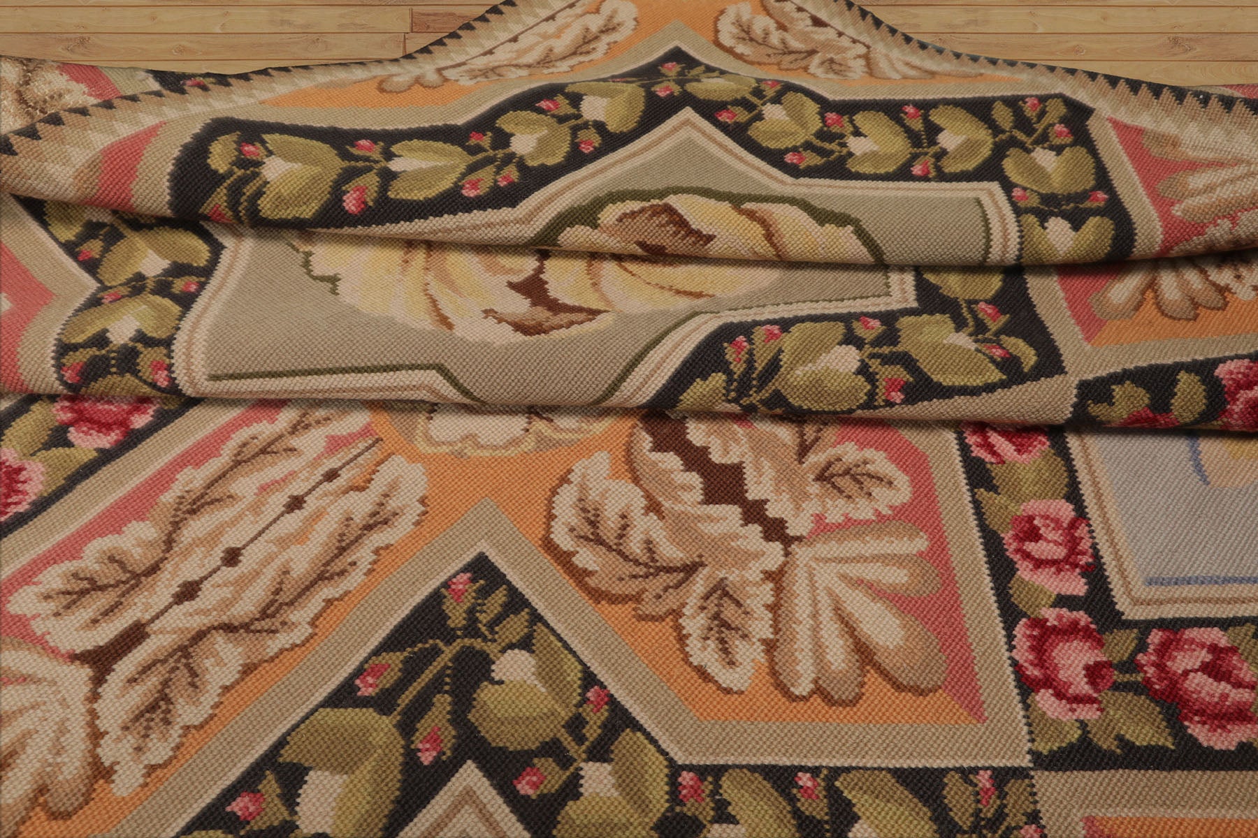 8x10 Sage, Gold, Pink Color Hand Woven Aubusson Needlepoint  Wool Traditional Oriental Rug