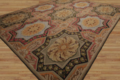 8x10 Sage, Gold, Pink Color Hand Woven Aubusson Needlepoint  Wool Traditional Oriental Rug