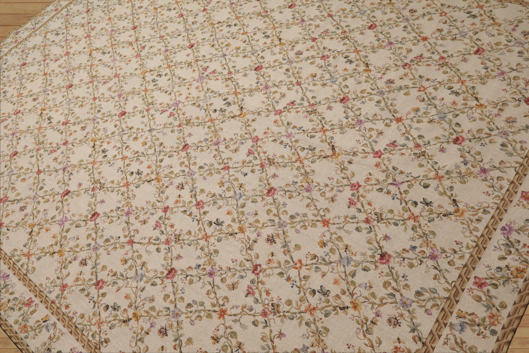 8x10 Ivory, Gold, Green Color Hand Woven Aubusson Needlepoint  Wool Traditional Oriental Rug