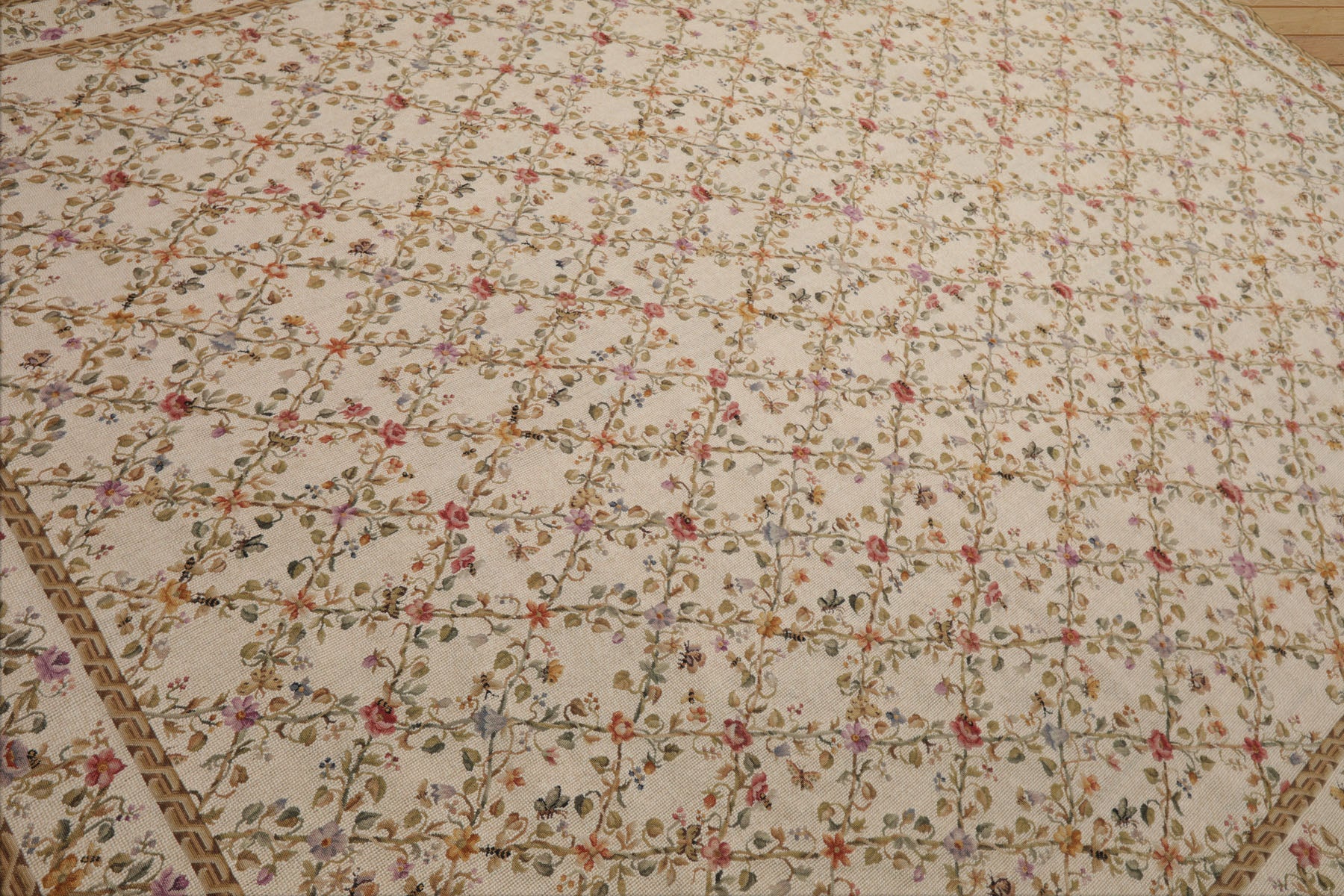 8x10 Ivory, Gold, Green Color Hand Woven Aubusson Needlepoint  Wool Traditional Oriental Rug