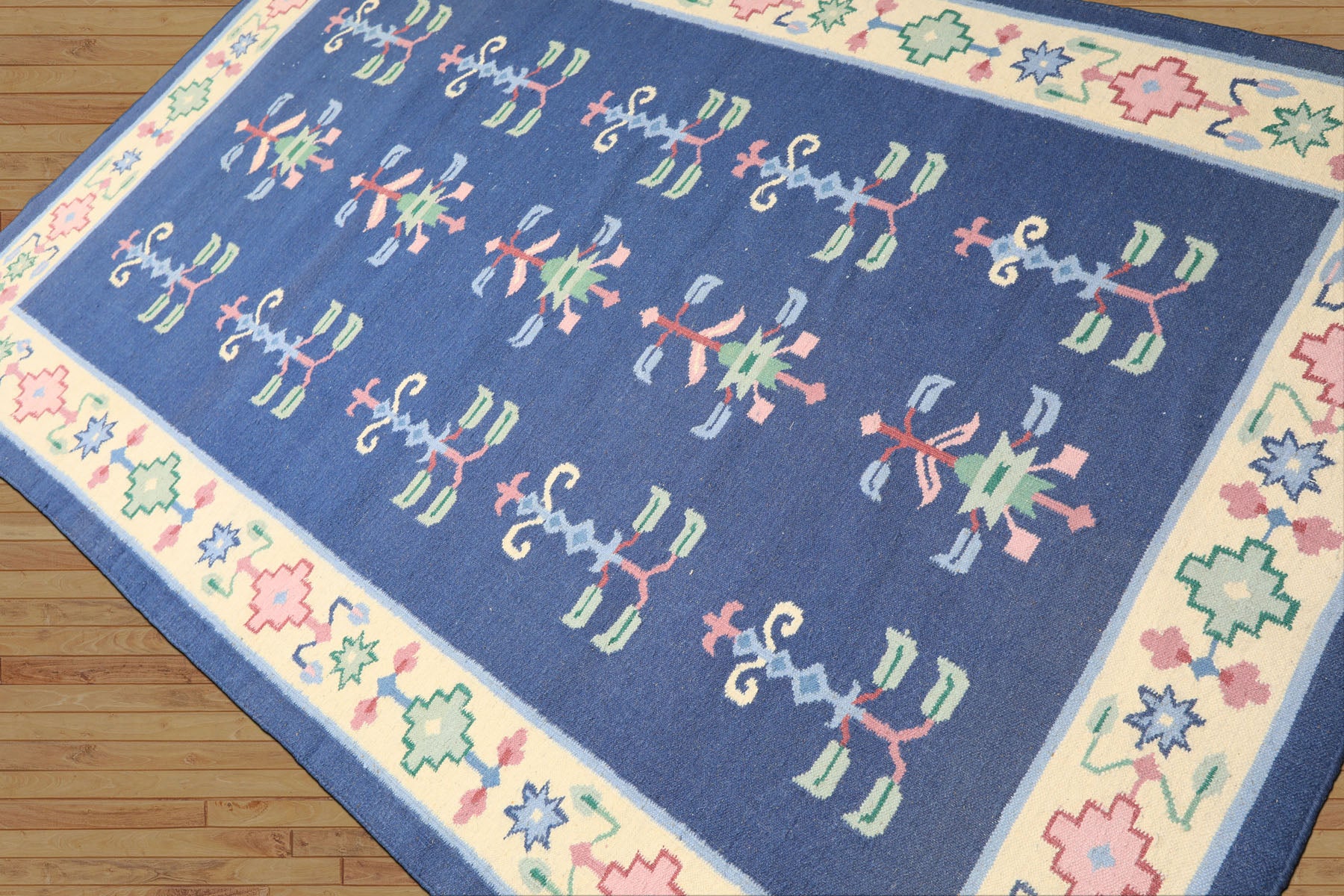 5x8 Blue, Ivory, Blush Color Hand Woven Dhurry Kilim Wool Transitional Oriental Rug