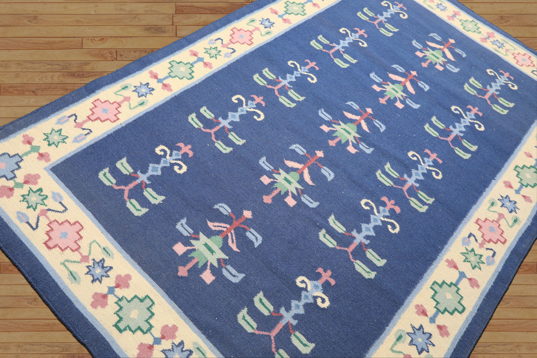 5x8 Blue, Ivory, Blush Color Hand Woven Dhurry Kilim Wool Transitional Oriental Rug