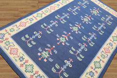 5x8 Blue, Ivory, Blush Color Hand Woven Dhurry Kilim Wool Transitional Oriental Rug