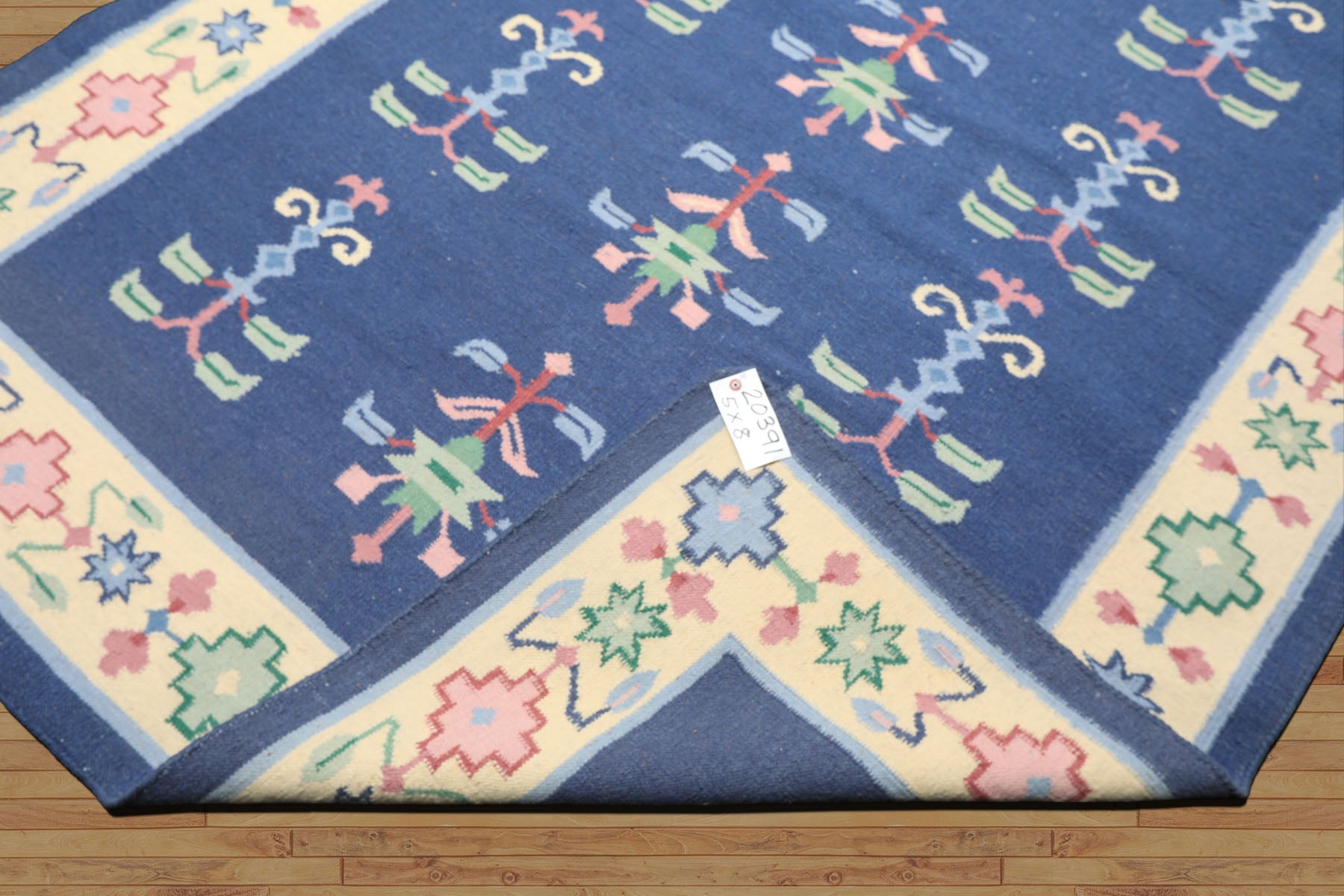 5x8 Blue, Ivory, Blush Color Hand Woven Dhurry Kilim Wool Transitional Oriental Rug