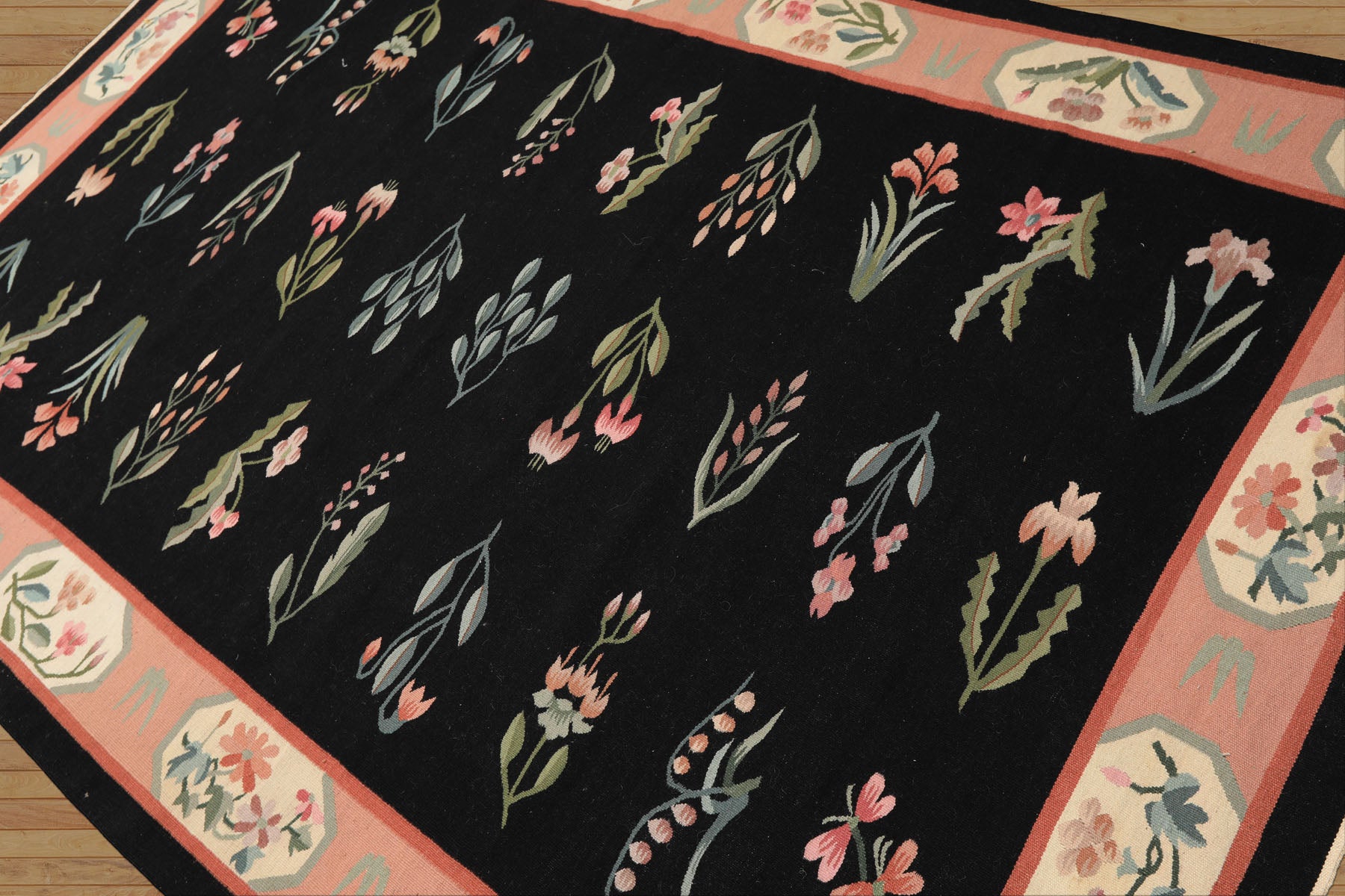 6x9 Black, Blush, Ivory Color Hand Woven Dhurry Kilim Wool Transitional Oriental Rug