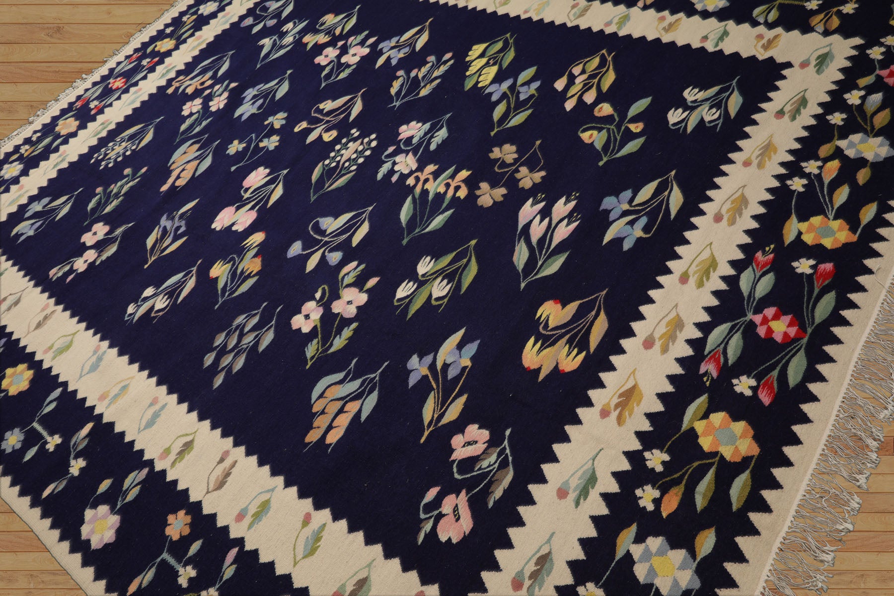 8x10 Navy, Ivory, Gold Color Hand Woven Kilim Wool Traditional Oriental Rug