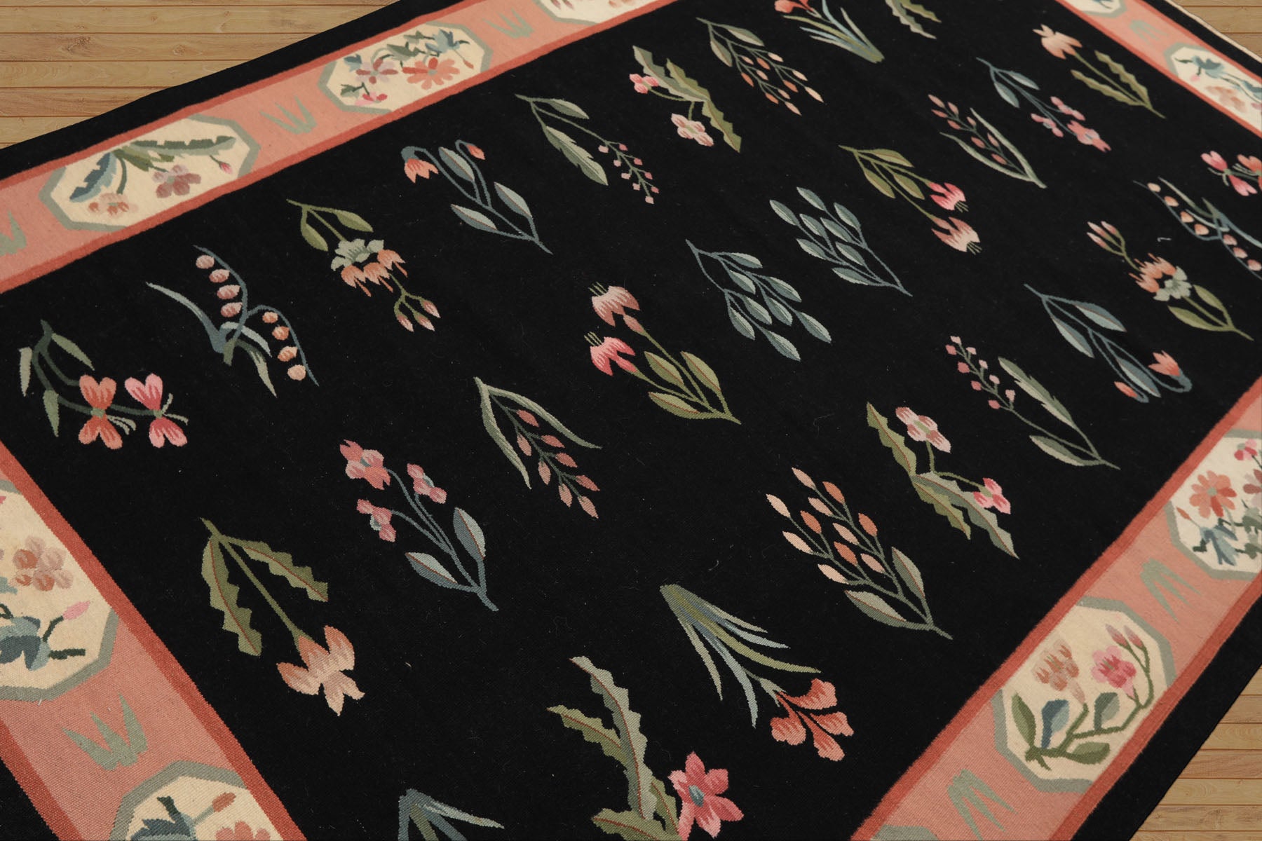 6x9 Black, Blush, Ivory Color Hand Woven Dhurry Kilim Wool Transitional Oriental Rug