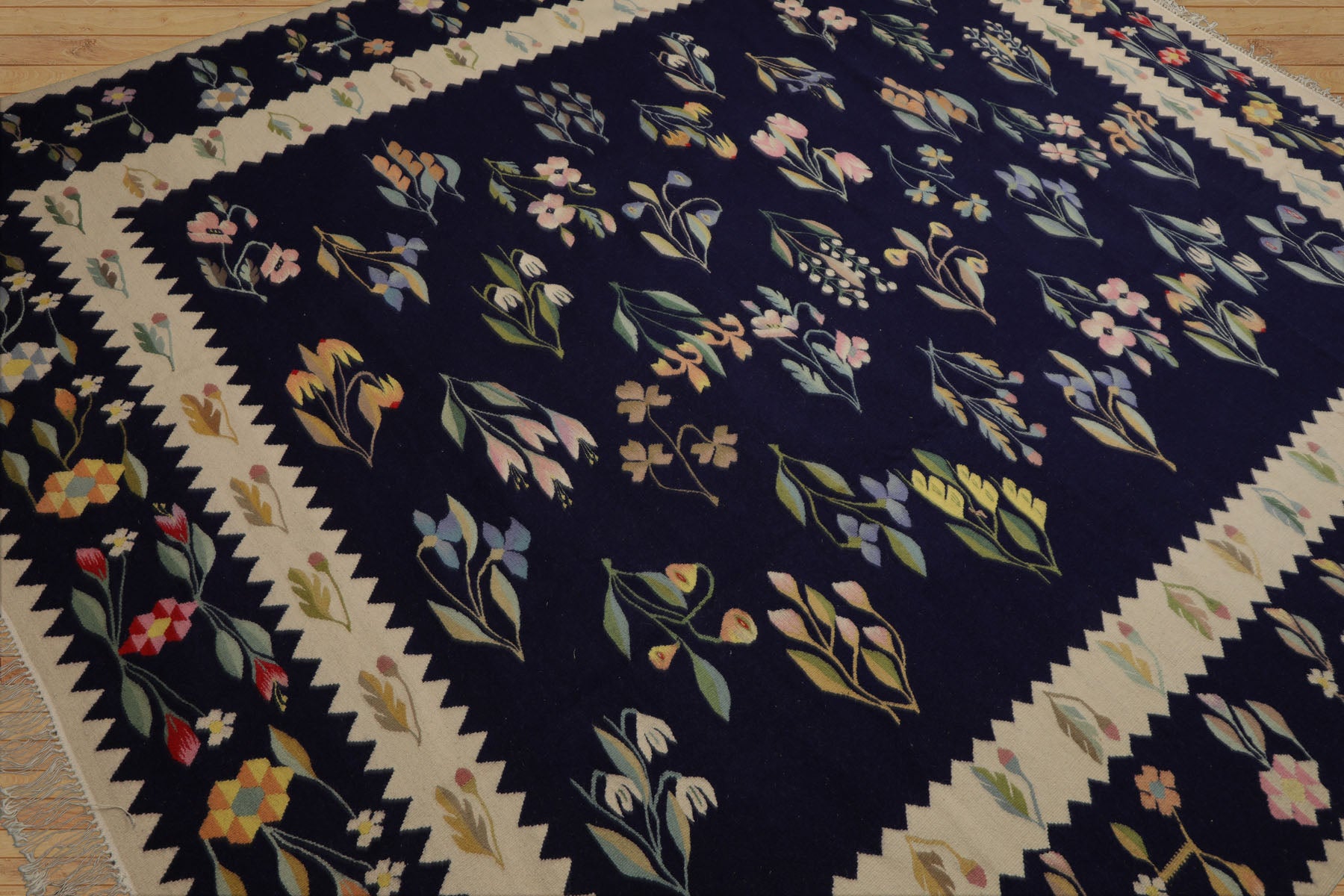 8x10 Navy, Ivory, Gold Color Hand Woven Kilim Wool Traditional Oriental Rug
