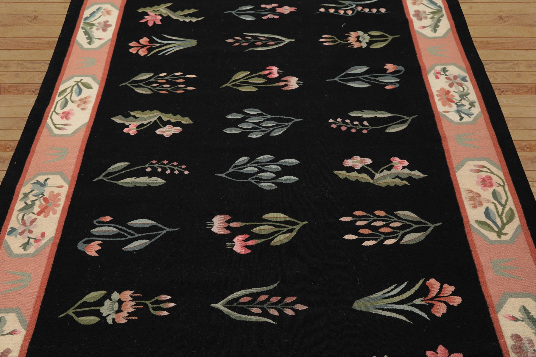 6x9 Black, Blush, Ivory Color Hand Woven Dhurry Kilim Wool Transitional Oriental Rug