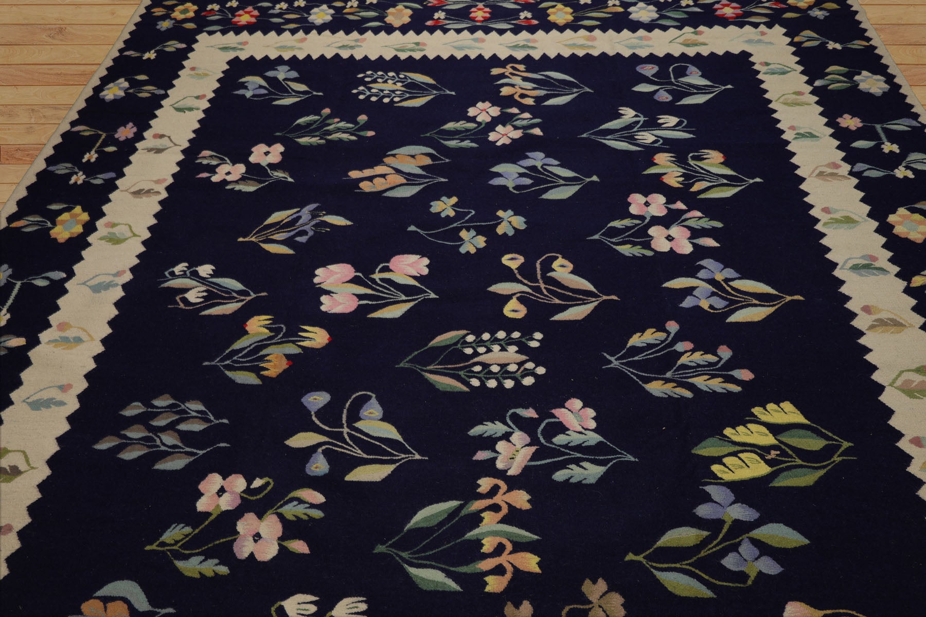 8x10 Navy, Ivory, Gold Color Hand Woven Kilim Wool Traditional Oriental Rug