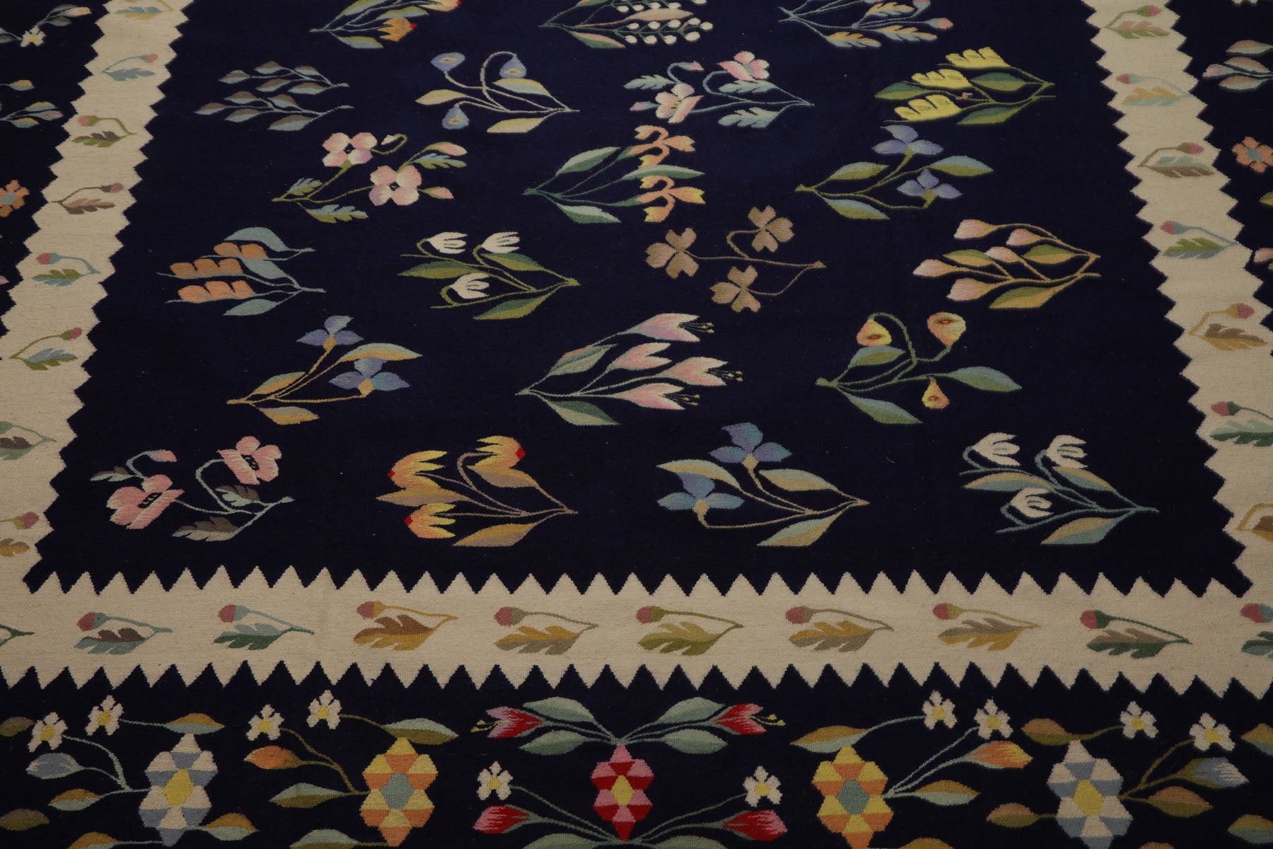 8x10 Navy, Ivory, Gold Color Hand Woven Kilim Wool Traditional Oriental Rug