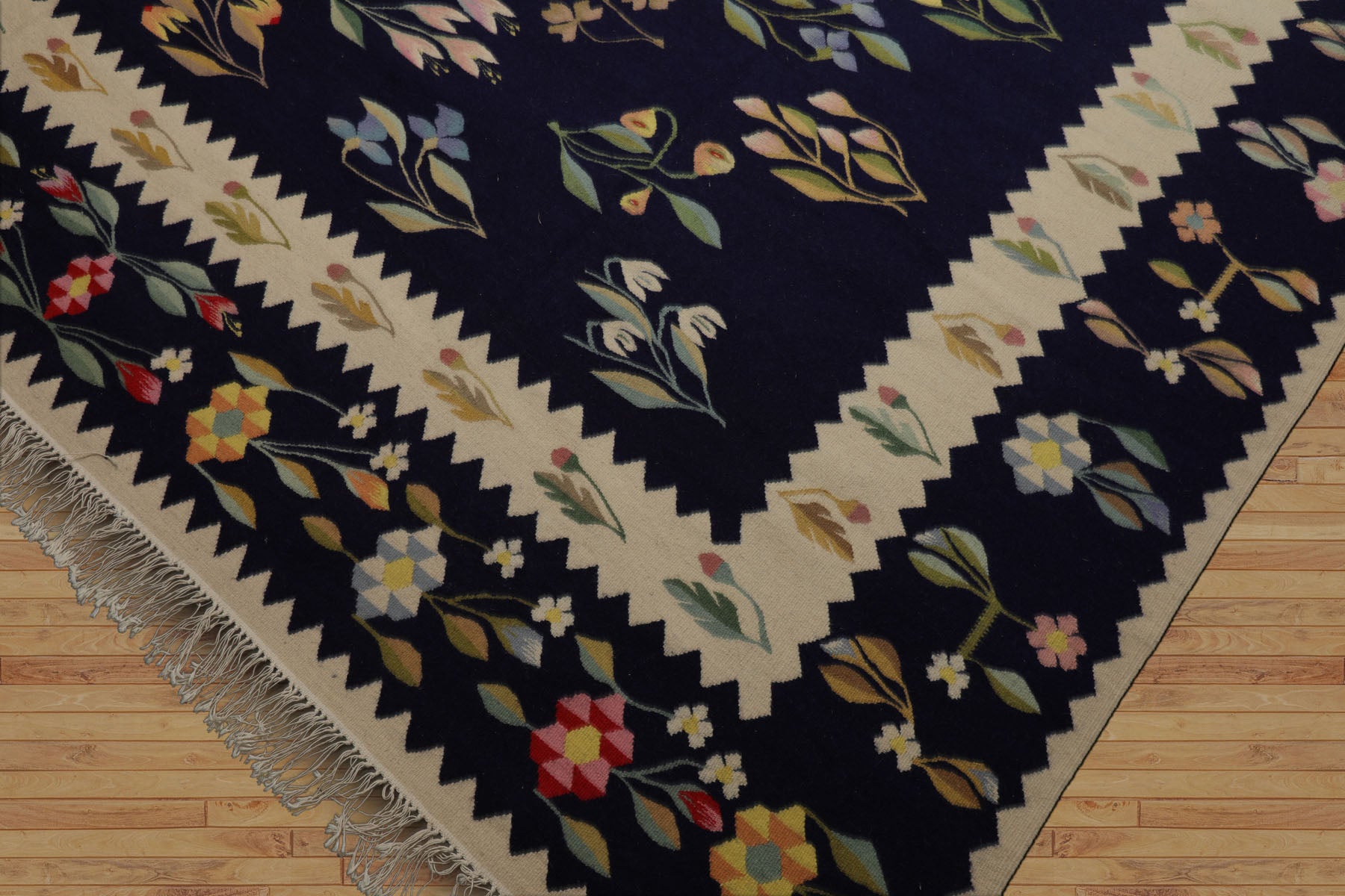 8x10 Navy, Ivory, Gold Color Hand Woven Kilim Wool Traditional Oriental Rug