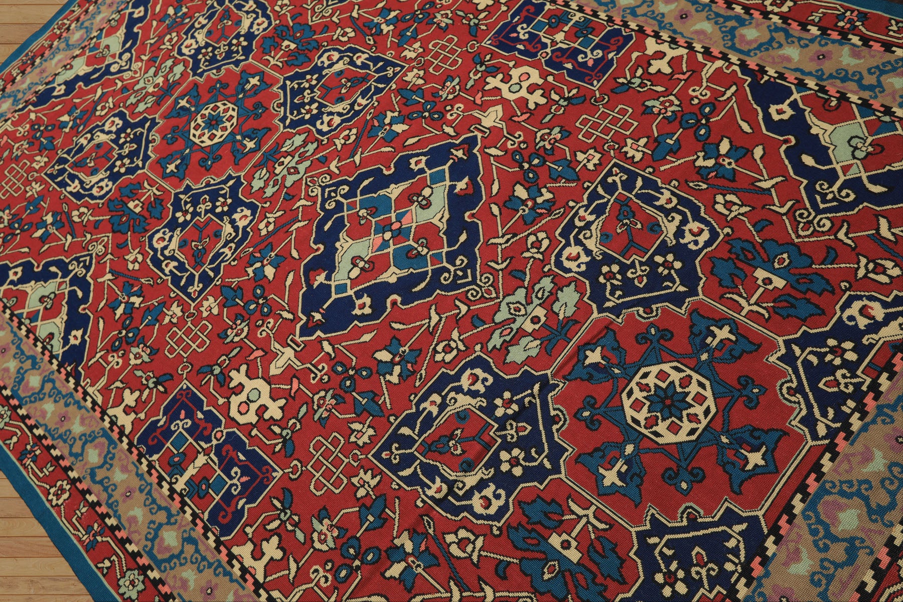 6x9 Rusty Red, Aqua, Navy Color Hand Woven French Aubusson Needlepoint Wool Traditional Oriental Rug