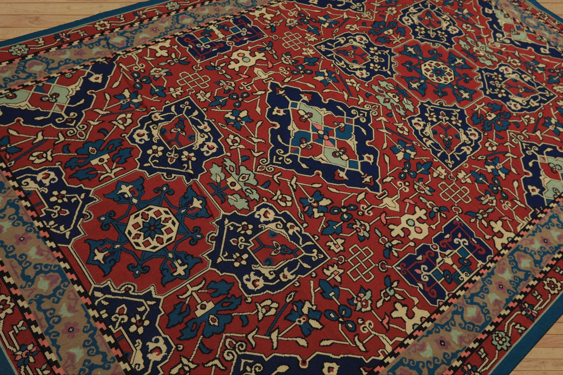 6x9 Rusty Red, Aqua, Navy Color Hand Woven French Aubusson Needlepoint Wool Traditional Oriental Rug