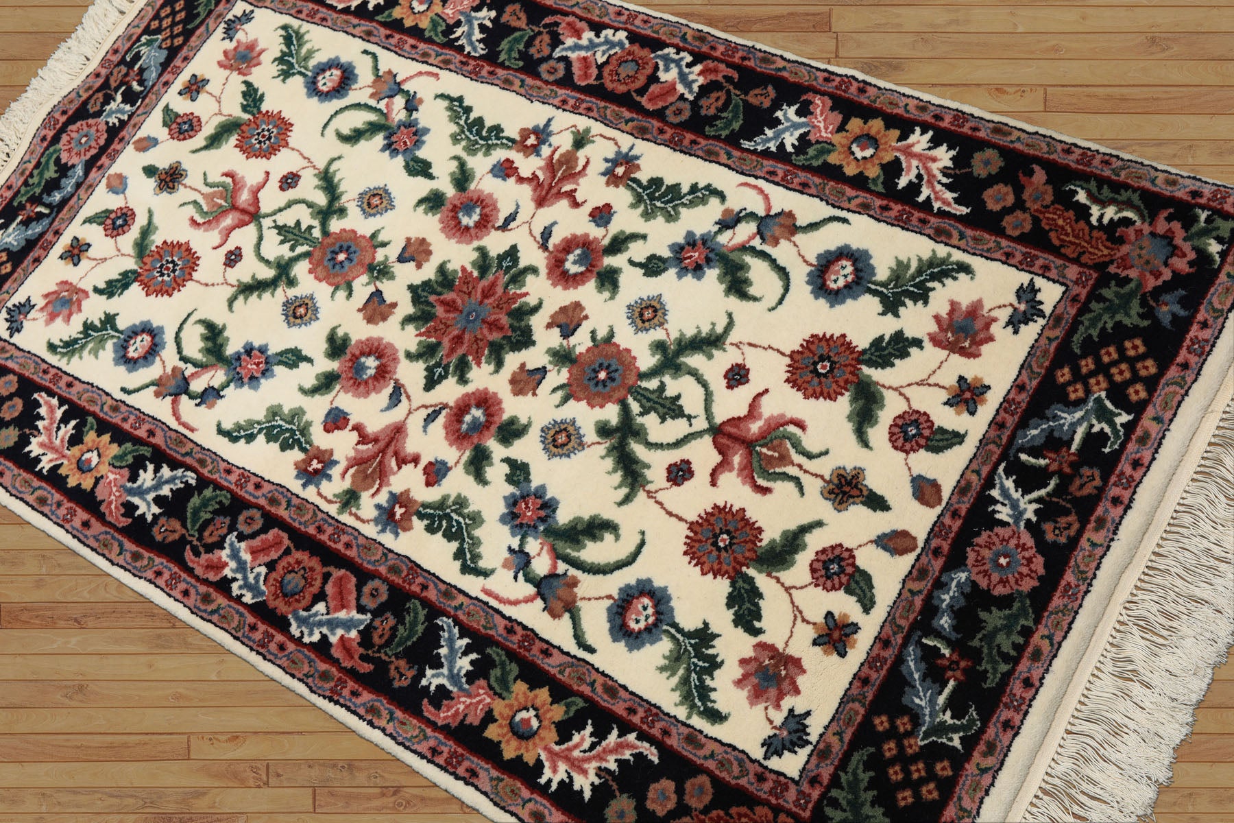 3x5 Ivory, Midnight Blue, Green Color Hand Knotted Indo Kashan Wool Traditional Oriental Rug