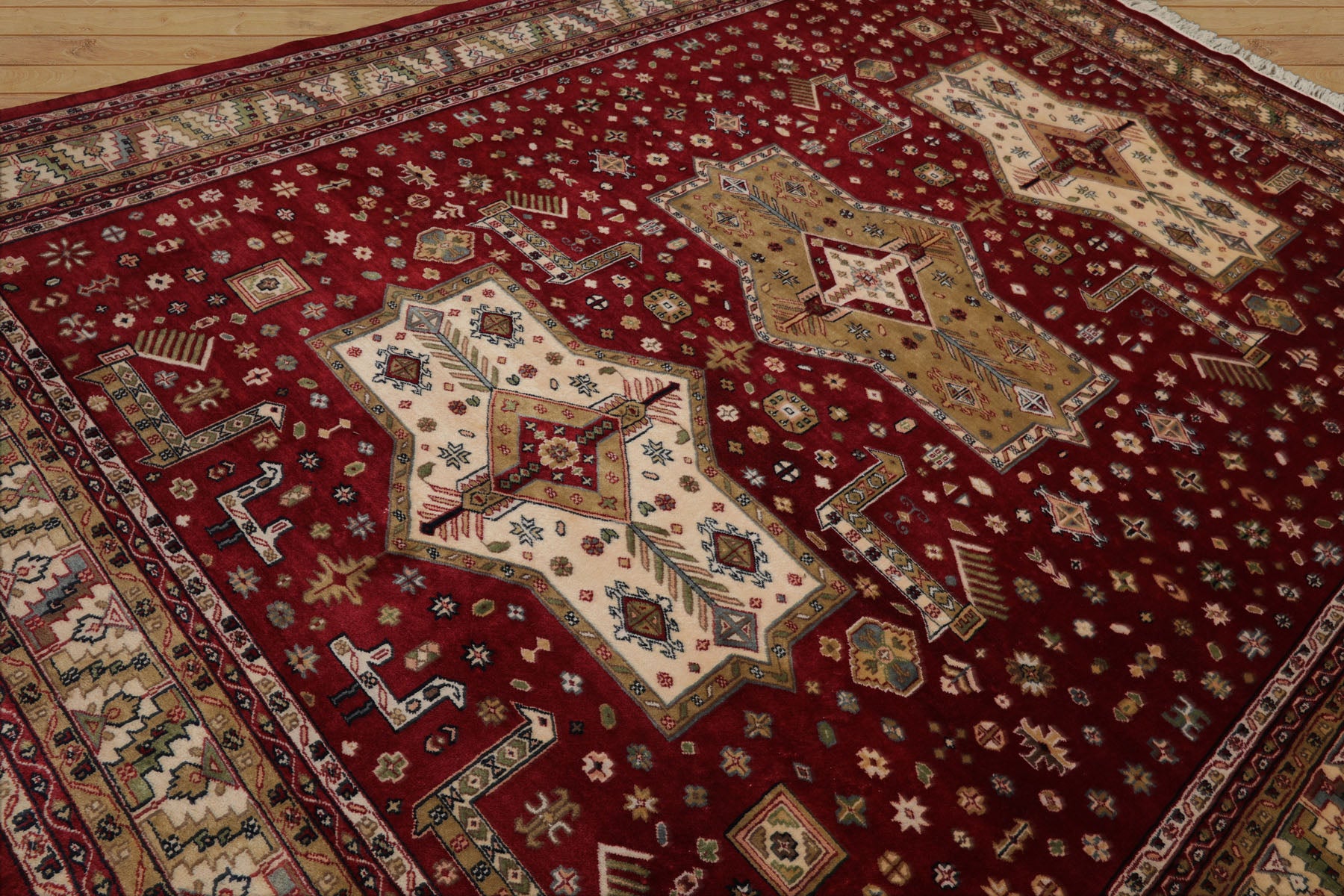 9x12 Burgundy, Ivory, Green Color Hand Knotted Shirvan New Zealand Wool Traditional  Oriental Rug