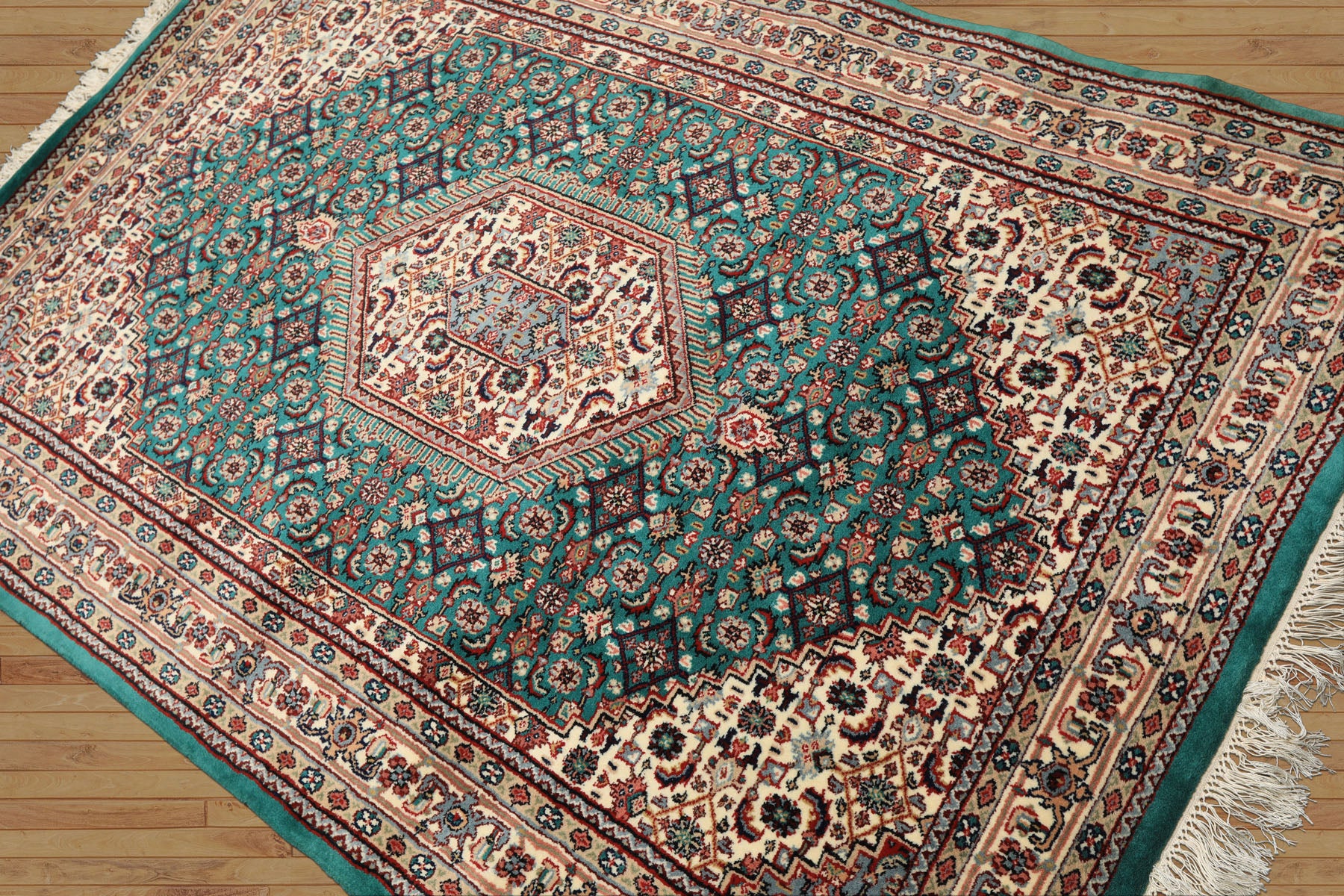 4x6 Green, Ivory, Rust Color Hand Knotted Indo Tabriz Wool Traditional Oriental Rug