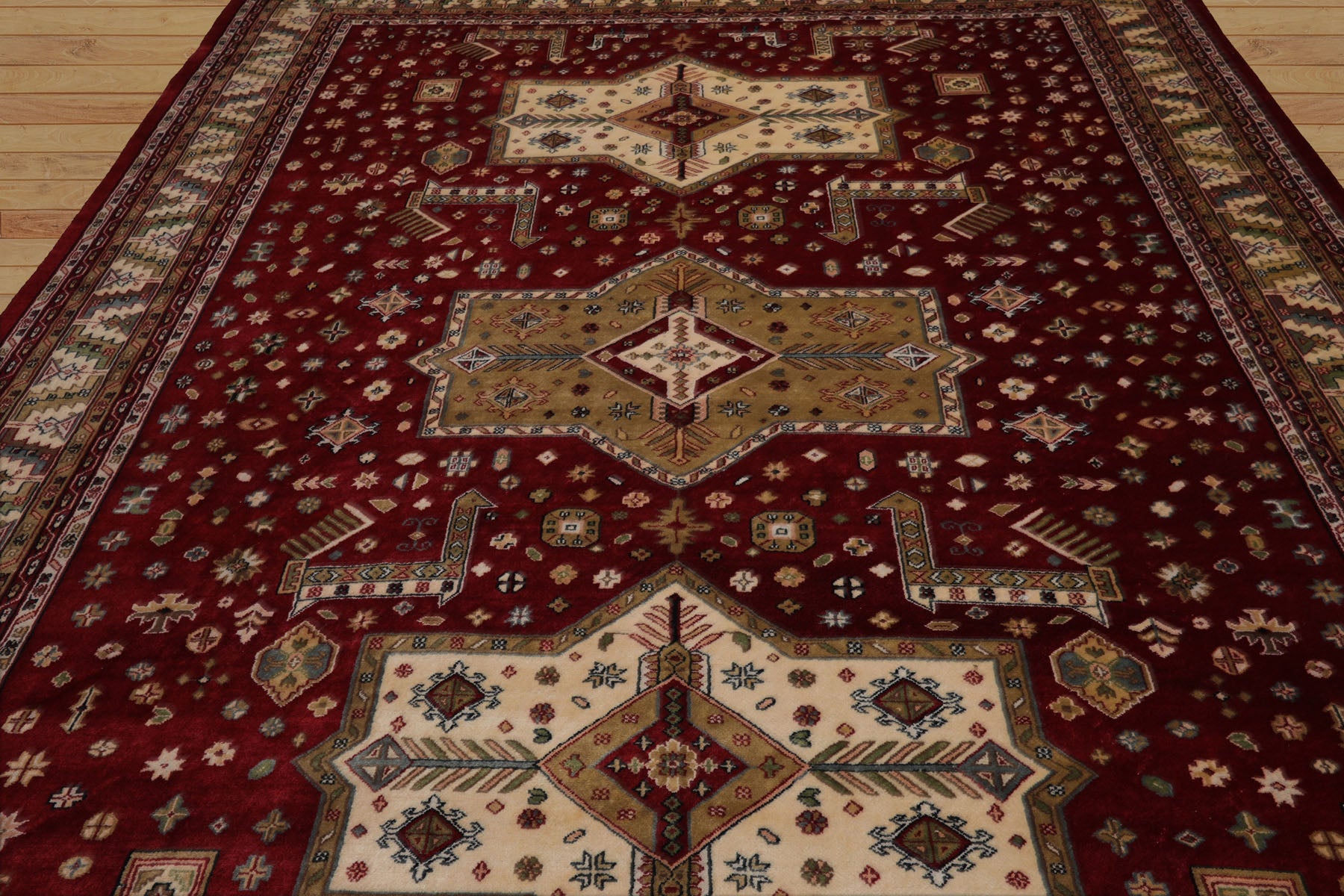 9x12 Burgundy, Ivory, Green Color Hand Knotted Shirvan New Zealand Wool Traditional  Oriental Rug