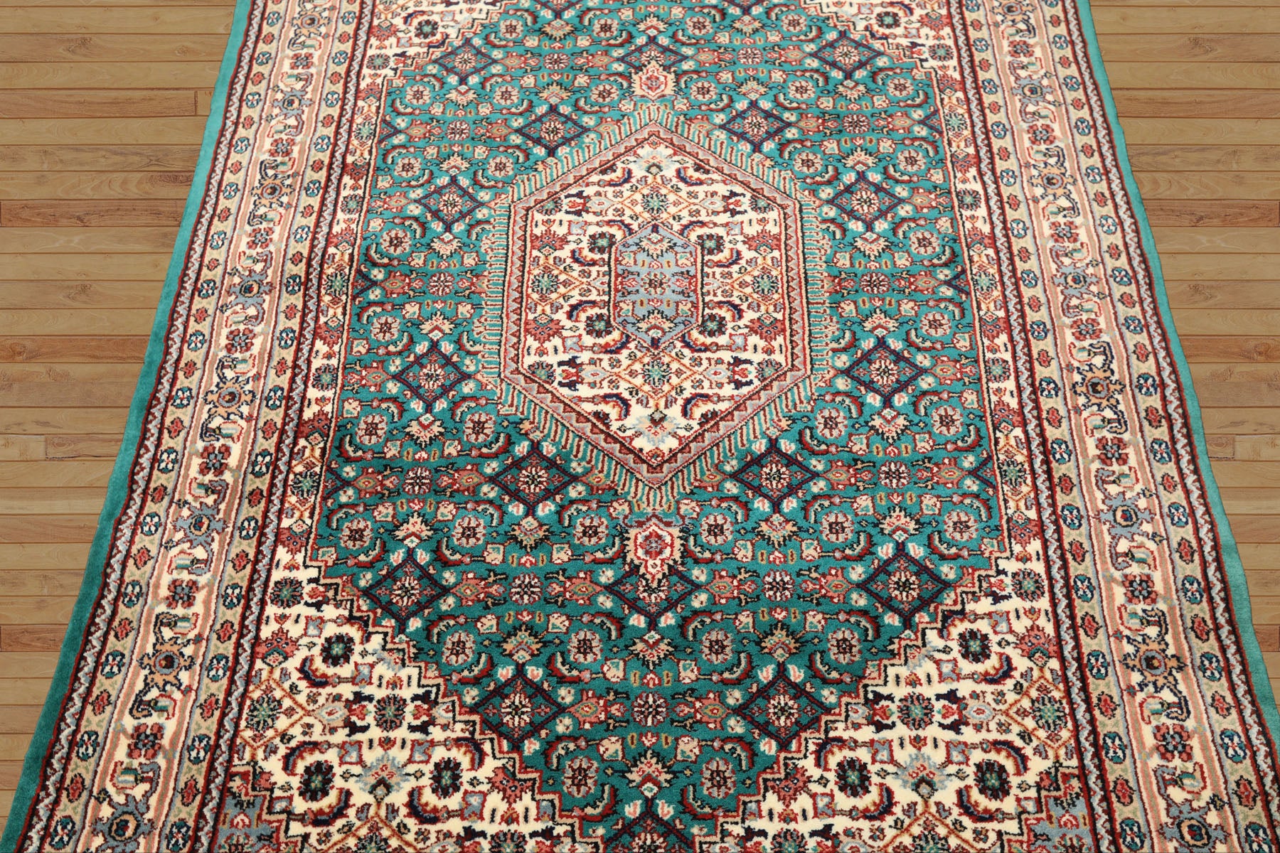 4x6 Green, Ivory, Rust Color Hand Knotted Indo Tabriz Wool Traditional Oriental Rug