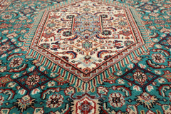 4x6 Green, Ivory, Rust Color Hand Knotted Indo Tabriz Wool Traditional Oriental Rug