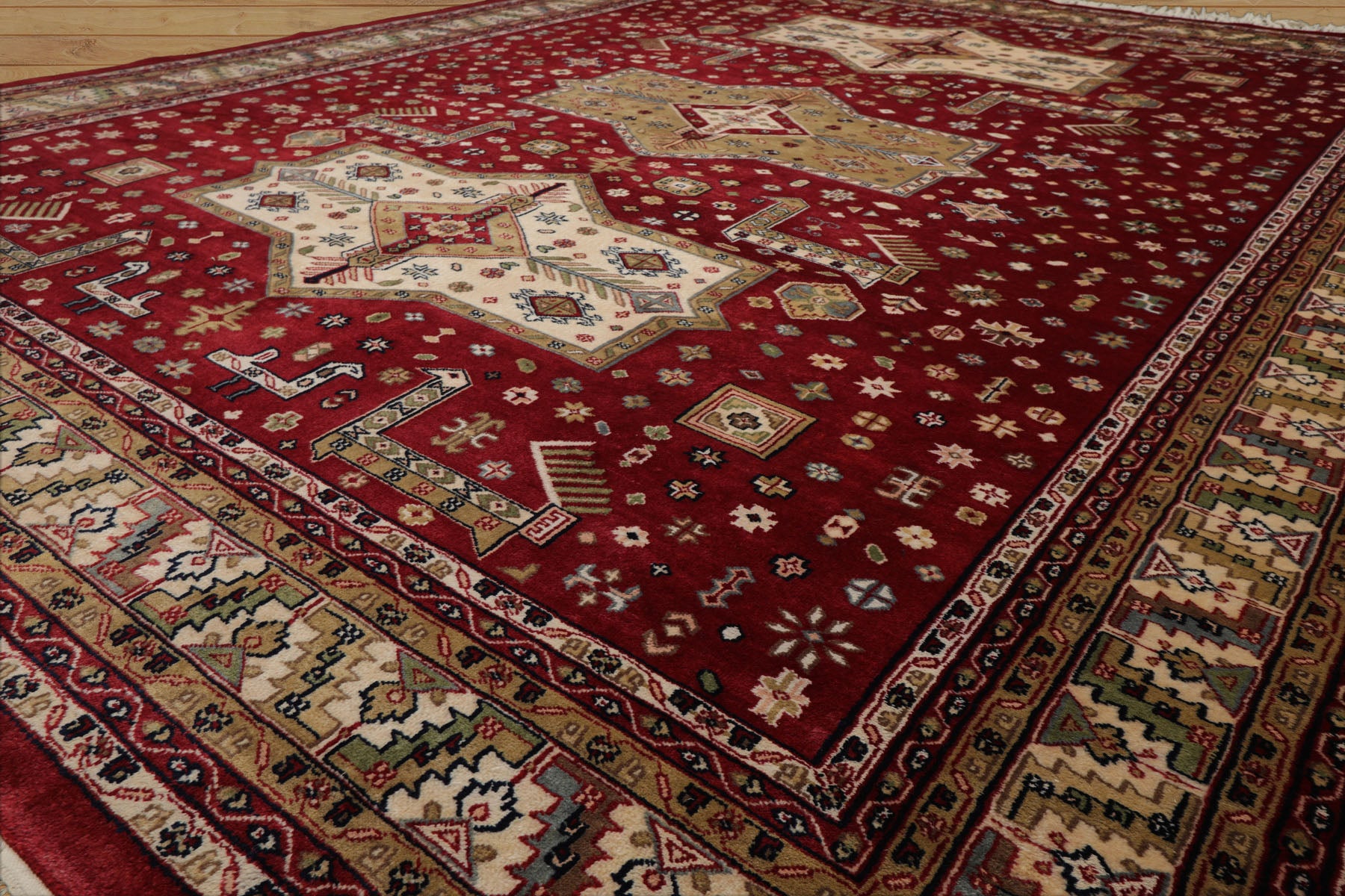 9x12 Burgundy, Ivory, Green Color Hand Knotted Shirvan New Zealand Wool Traditional  Oriental Rug
