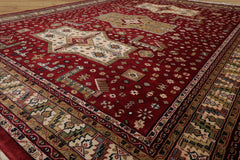 9x12 Burgundy, Ivory, Green Color Hand Knotted Shirvan New Zealand Wool Traditional  Oriental Rug