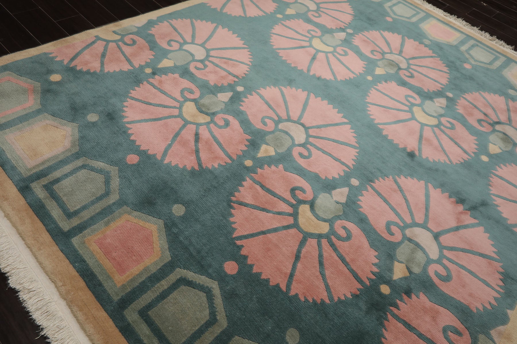 8x10 Turquoise, Rose, Beige Color Hand Knotted Tibetan Wool Transitional Oriental Rug