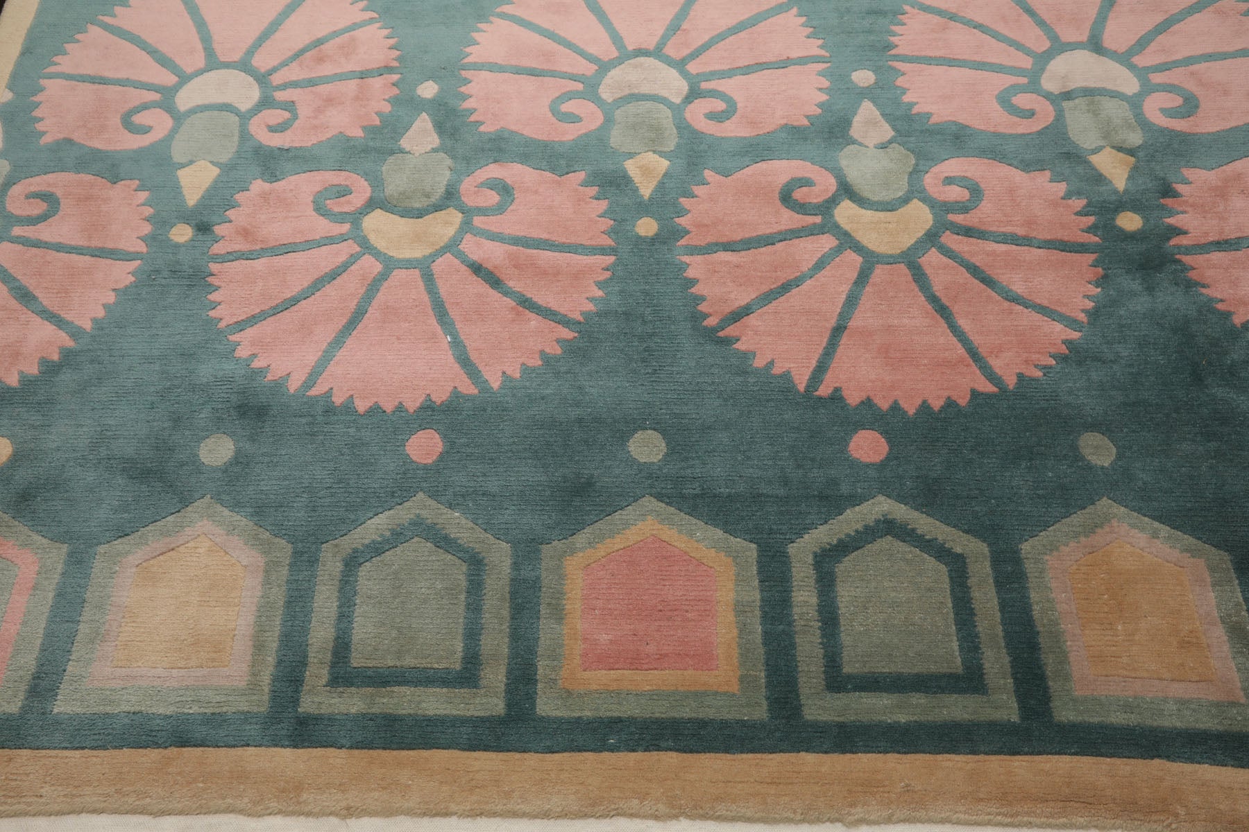 8x10 Turquoise, Rose, Beige Color Hand Knotted Tibetan Wool Transitional Oriental Rug