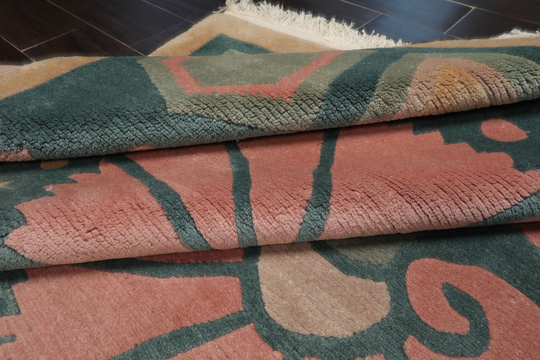 8x10 Turquoise, Rose, Beige Color Hand Knotted Tibetan Wool Transitional Oriental Rug