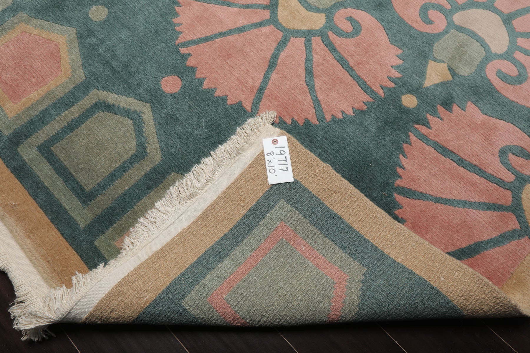 8x10 Turquoise, Rose, Beige Color Hand Knotted Tibetan Wool Transitional Oriental Rug