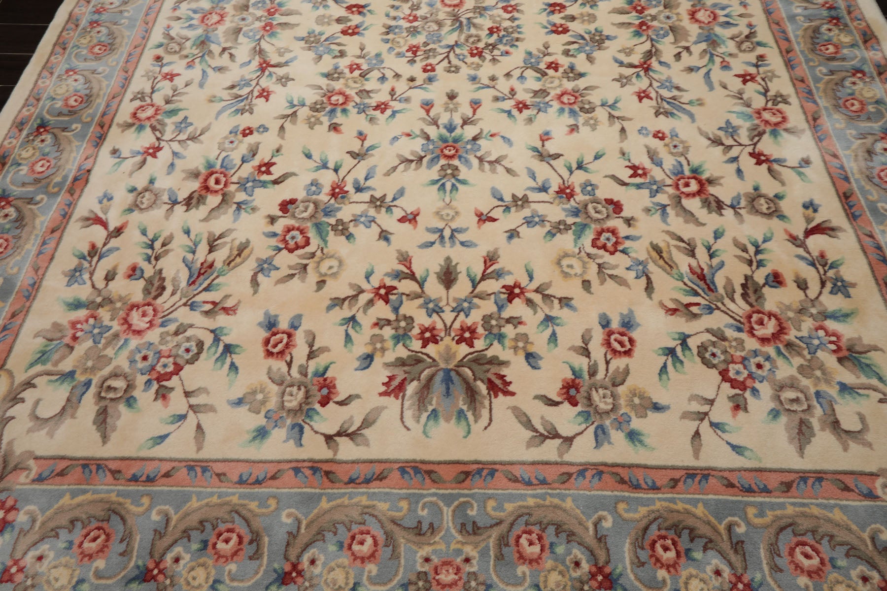 9x12 Ivory, Blue, Pink Color Hand Knotted Kerman New Zealand Wool Traditional Oriental Rug