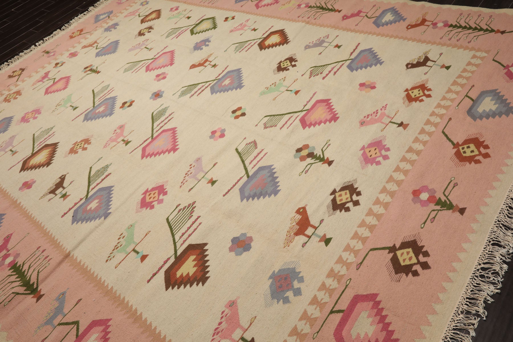 9x12 Ivory, Pink, Lavender Color Hand Woven Kilim Wool Tribal Oriental Rug