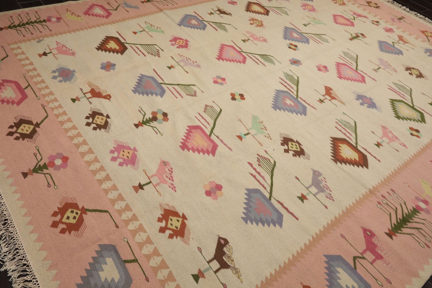 9x12 Ivory, Pink, Lavender Color Hand Woven Kilim Wool Tribal Oriental Rug